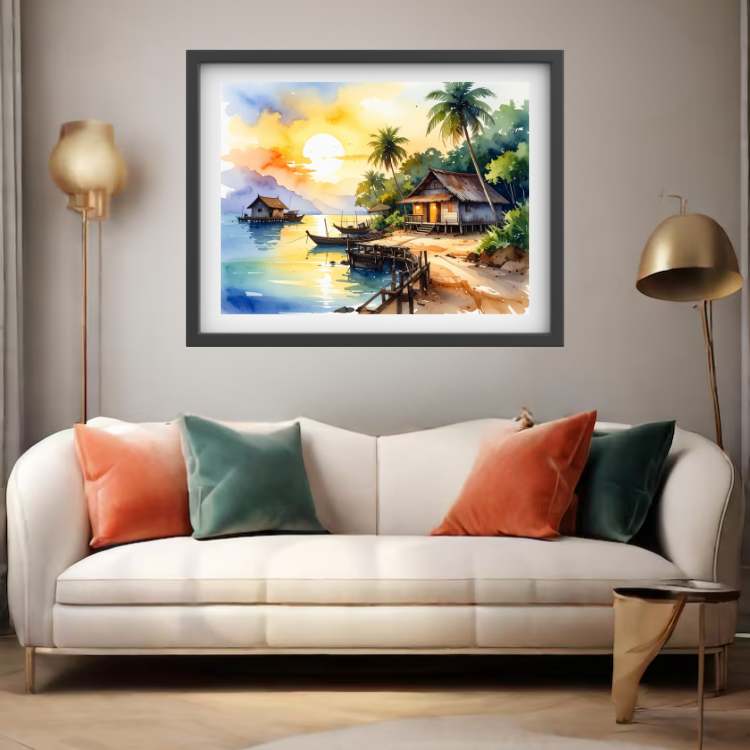 Tropical Beach Village Sunset Watercolor Painting – Wall Art Canvas WallArtVibes