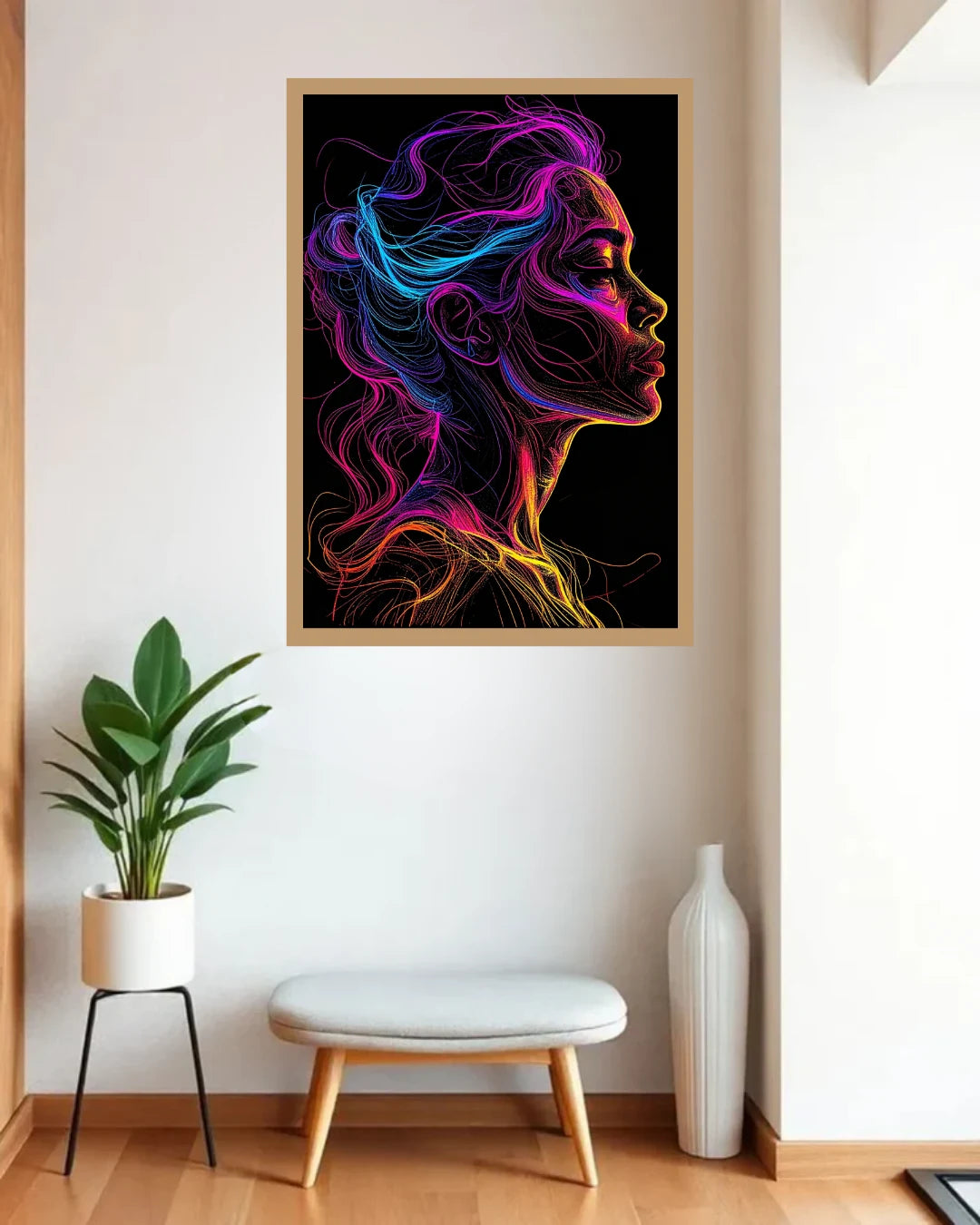 Neon Woman Colorful Line Art Portrait Painting WallArtVibes