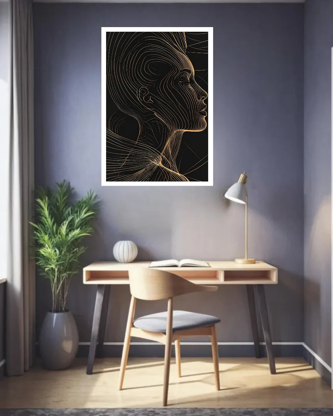 Golden Woman Black Line Art Portrait Wall Painting WallArtVibes