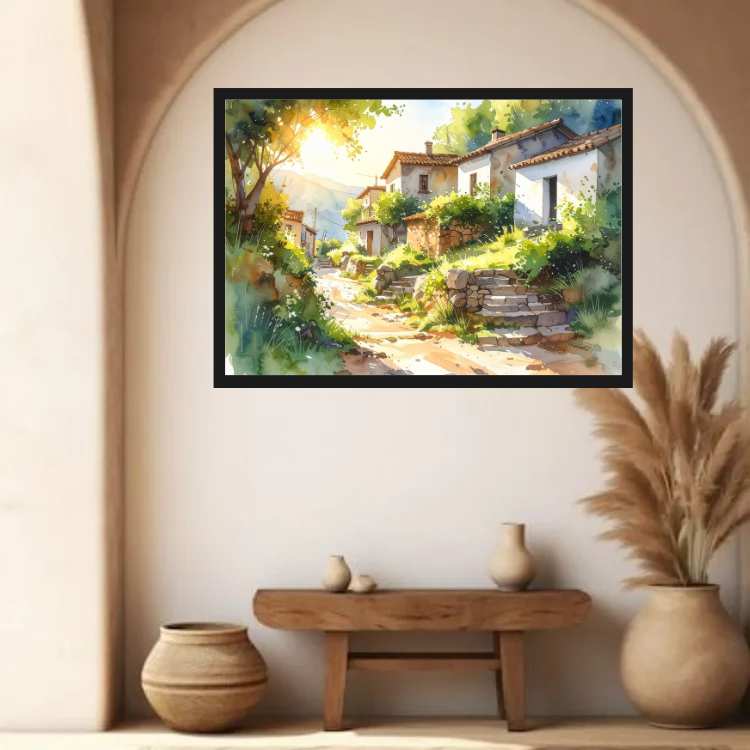 Sunlit Countryside Village Watercolor Painting – Wall Art Canvas WallArtVibes