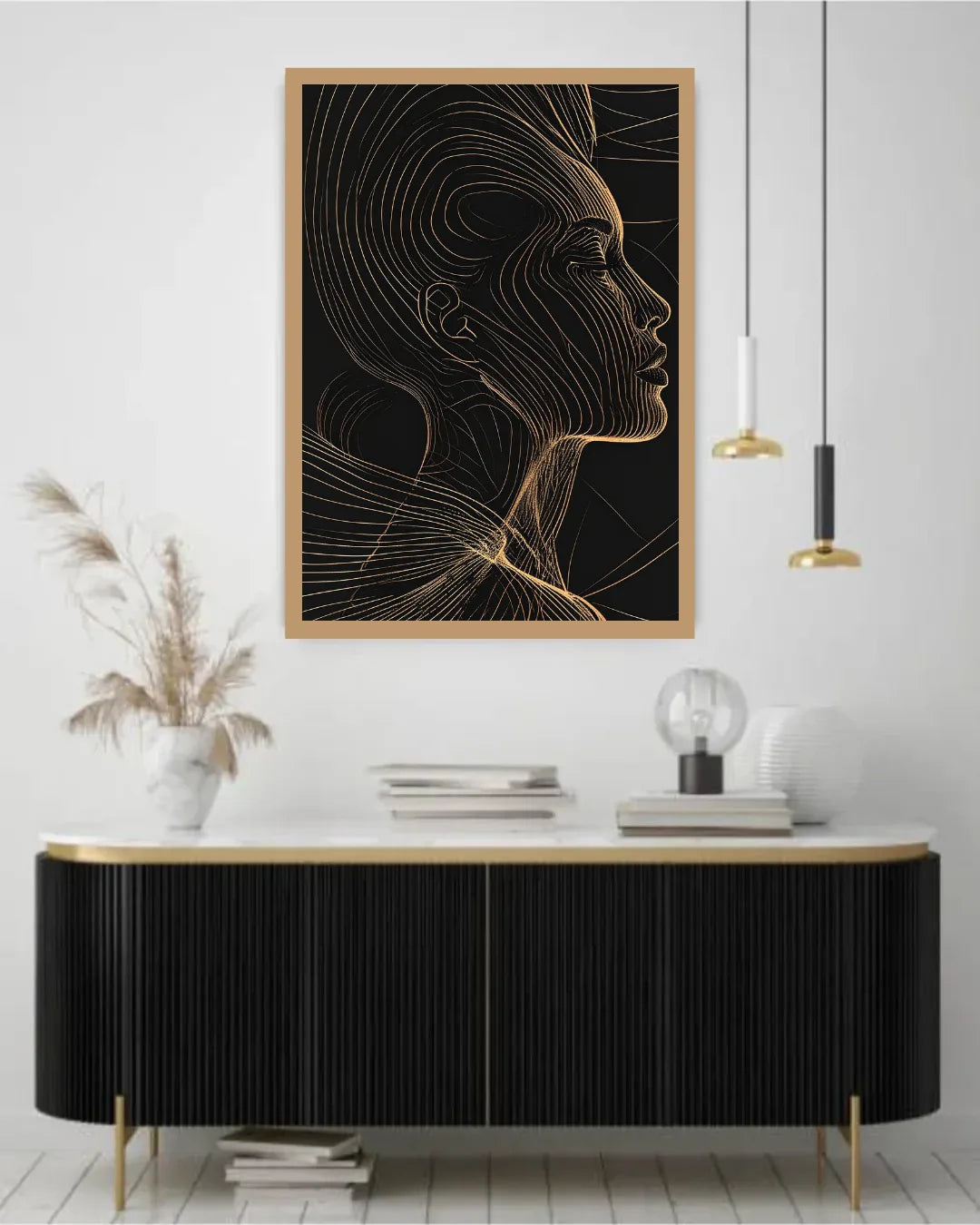 Golden Woman Black Line Art Portrait Wall Painting WallArtVibes