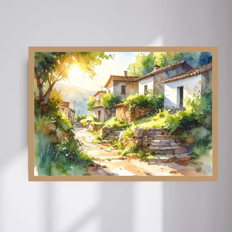 Sunlit Countryside Village Watercolor Painting – Wall Art Canvas WallArtVibes