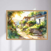 Sunlit Countryside Village Watercolor Painting – Wall Art Canvas WallArtVibes