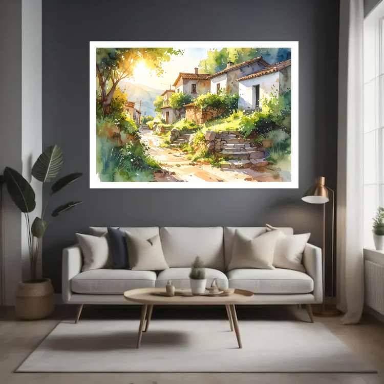 Sunlit Countryside Village Watercolor Painting – Wall Art Canvas WallArtVibes