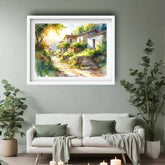 Sunlit Countryside Village Watercolor Painting – Wall Art Canvas WallArtVibes