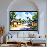 Peaceful Village Road Watercolor Painting – Wall Art Canvas WallArtVibes