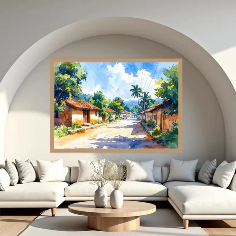 Peaceful Village Road Watercolor Painting – Wall Art Canvas WallArtVibes