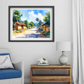 Peaceful Village Road Watercolor Painting – Wall Art Canvas WallArtVibes