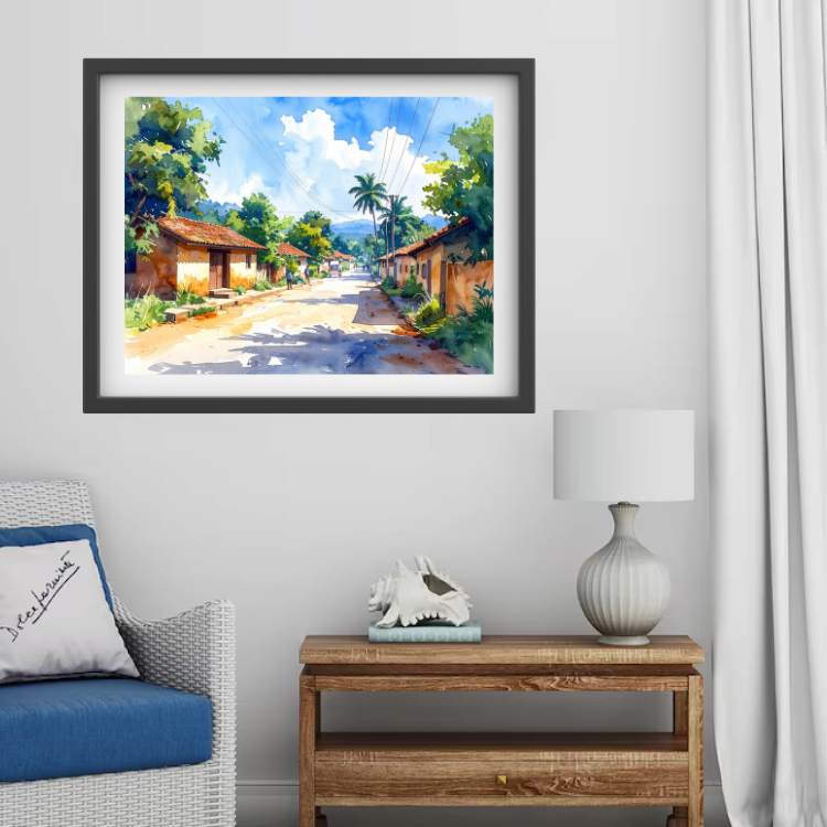 Peaceful Village Road Watercolor Painting – Wall Art Canvas WallArtVibes