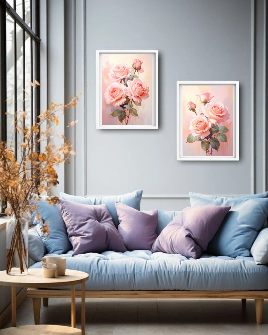 Pink Rose Floral Set of 2 - Wall Art Canvas