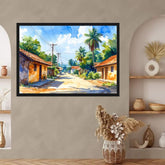 Sunny Village Street Watercolor Painting – Wall Art Canvas WallArtVibes