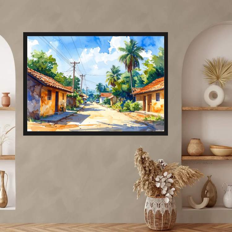Sunny Village Street Watercolor Painting – Wall Art Canvas WallArtVibes