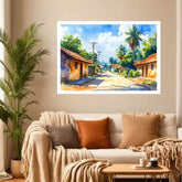 Sunny Village Street Watercolor Painting – Wall Art Canvas WallArtVibes