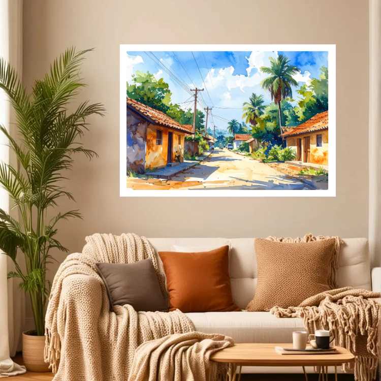 Sunny Village Street Watercolor Painting – Wall Art Canvas WallArtVibes