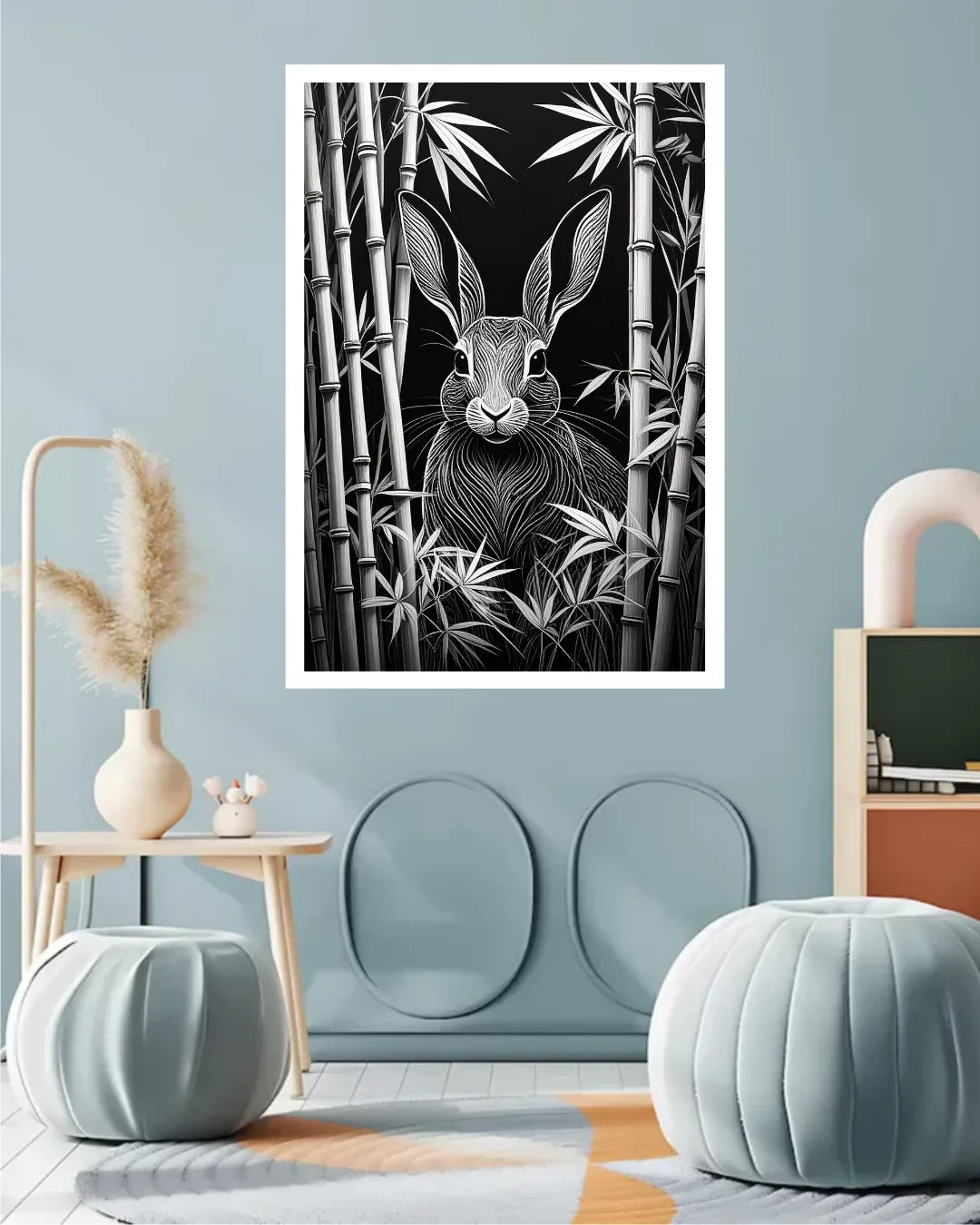 Black &amp; White Rabbit in Bamboo – Wall Art Canvas