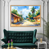 Sunny Village Street Watercolor Painting – Wall Art Canvas WallArtVibes