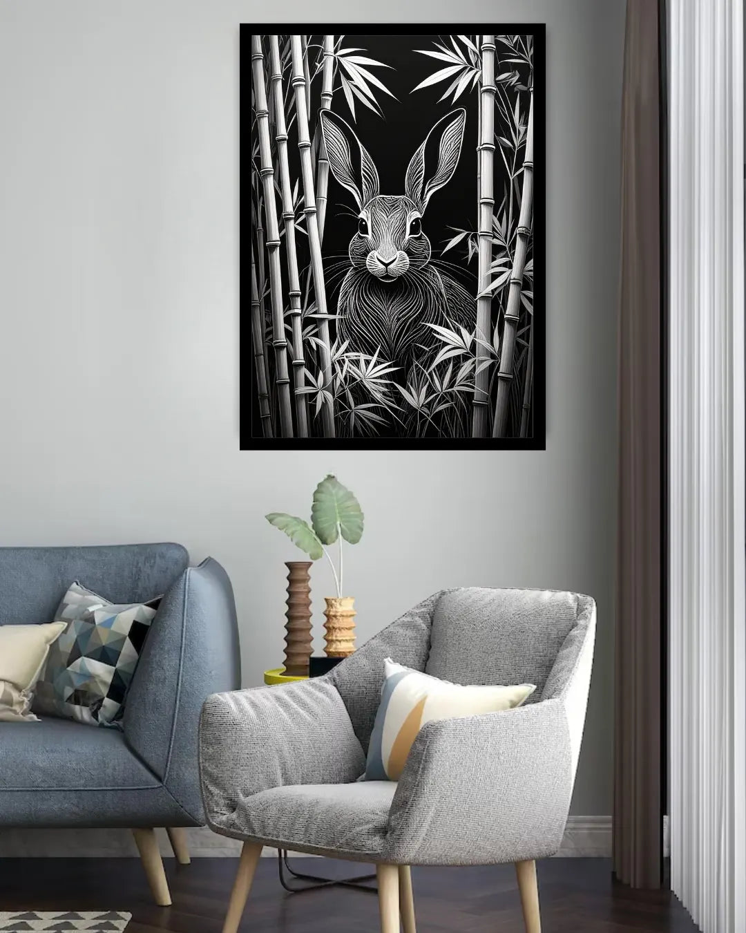 Black &amp; White Rabbit in Bamboo – Wall Art Canvas
