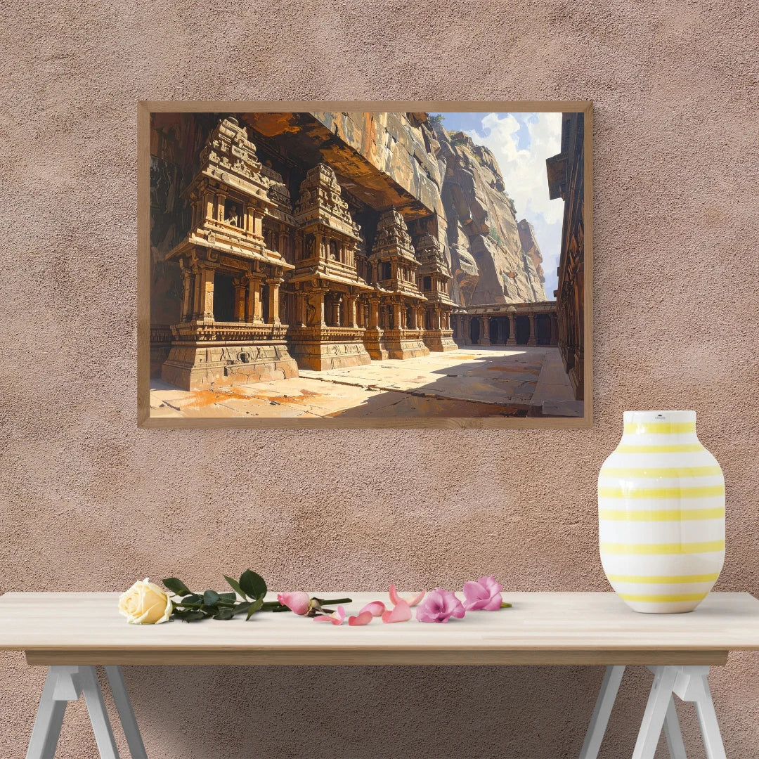 Ancient rock cut temple wall art canvas painting for living room decor
