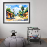Sunny Village Street Watercolor Painting – Wall Art Canvas WallArtVibes