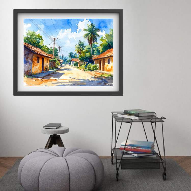 Sunny Village Street Watercolor Painting – Wall Art Canvas WallArtVibes