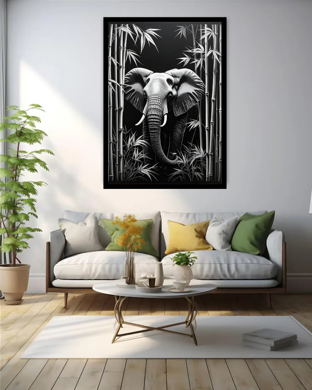 Black &amp; White Elephant in Bamboo – Wall Art Canvas