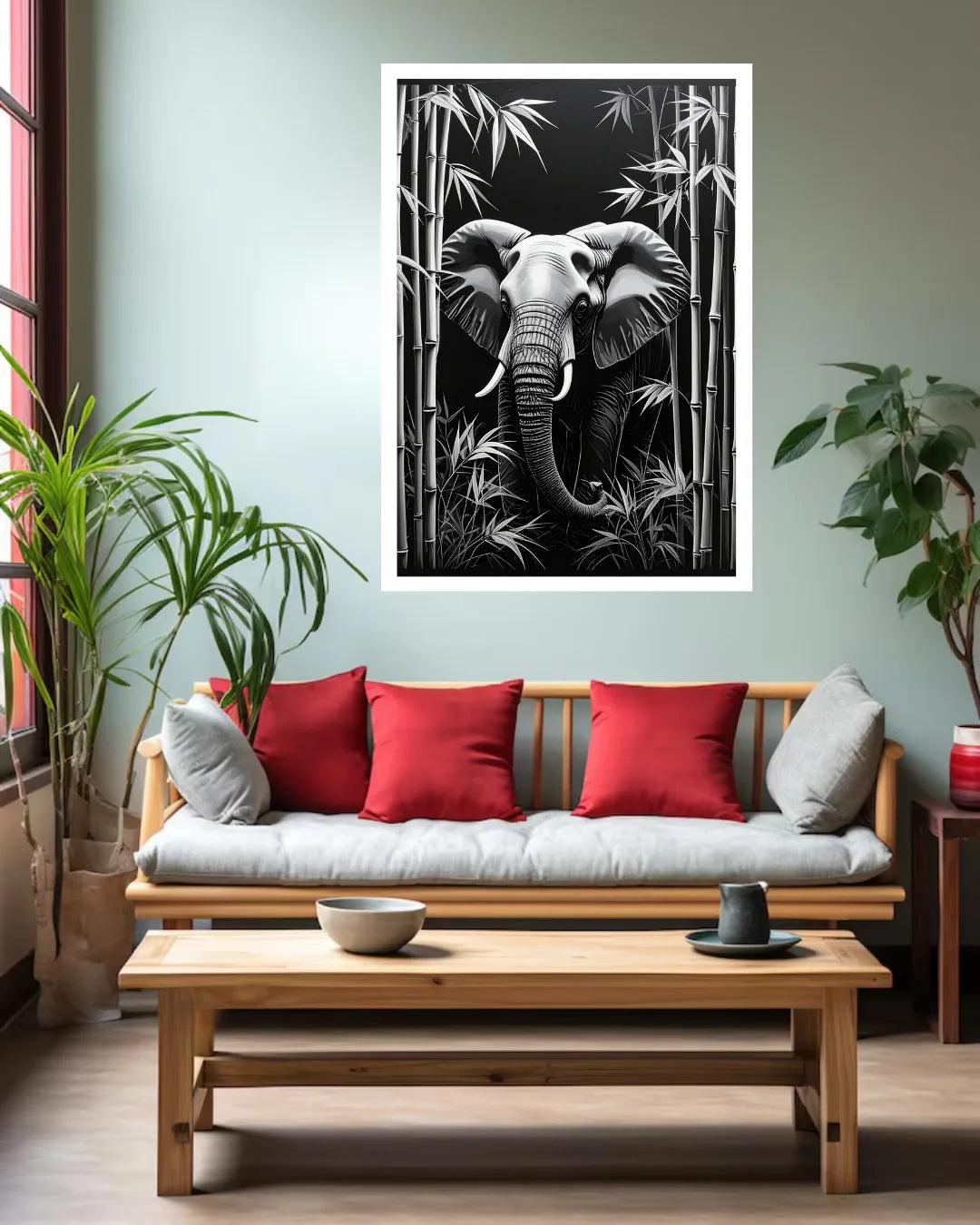 Black &amp; White Elephant in Bamboo – Wall Art Canvas