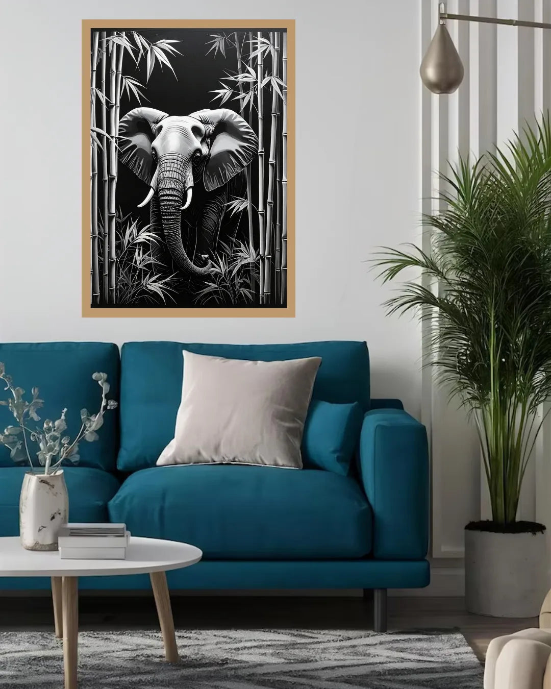 Black &amp; White Elephant in Bamboo – Wall Art Canvas
