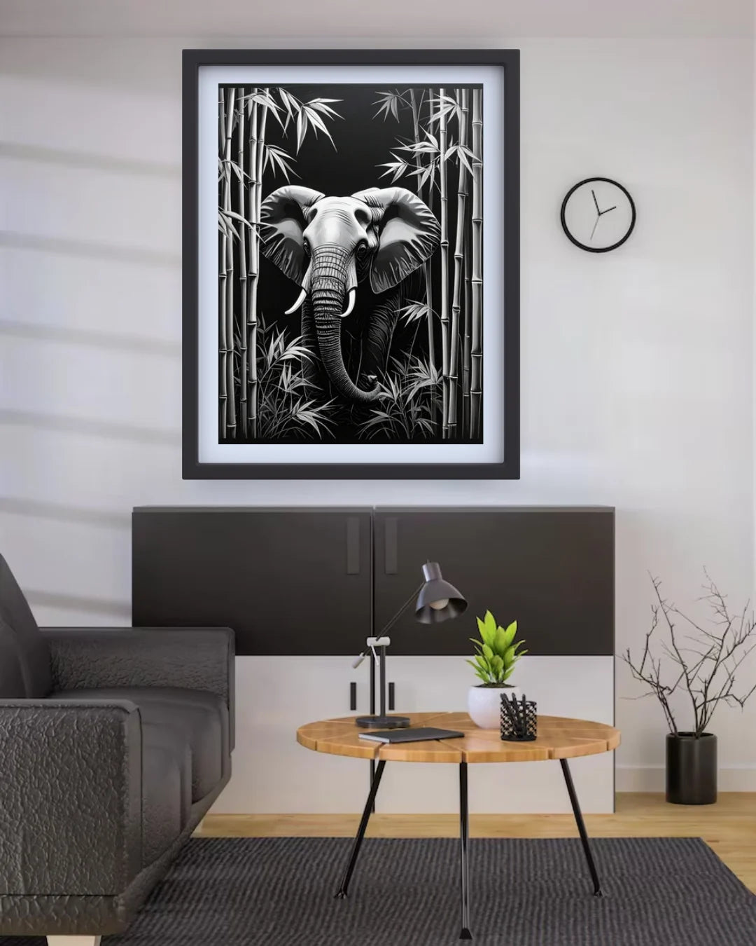 Black &amp; White Elephant in Bamboo – Wall Art Canvas