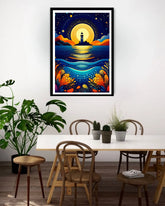 Framed artwork of a lighthouse over water with colorful waves in a dining room.