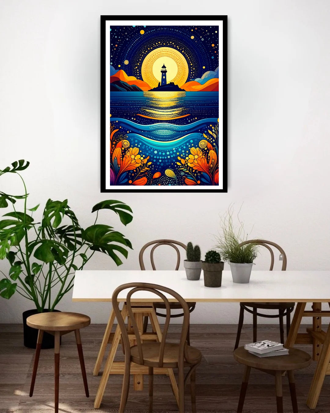 Framed artwork of a lighthouse over water with colorful waves in a dining room.