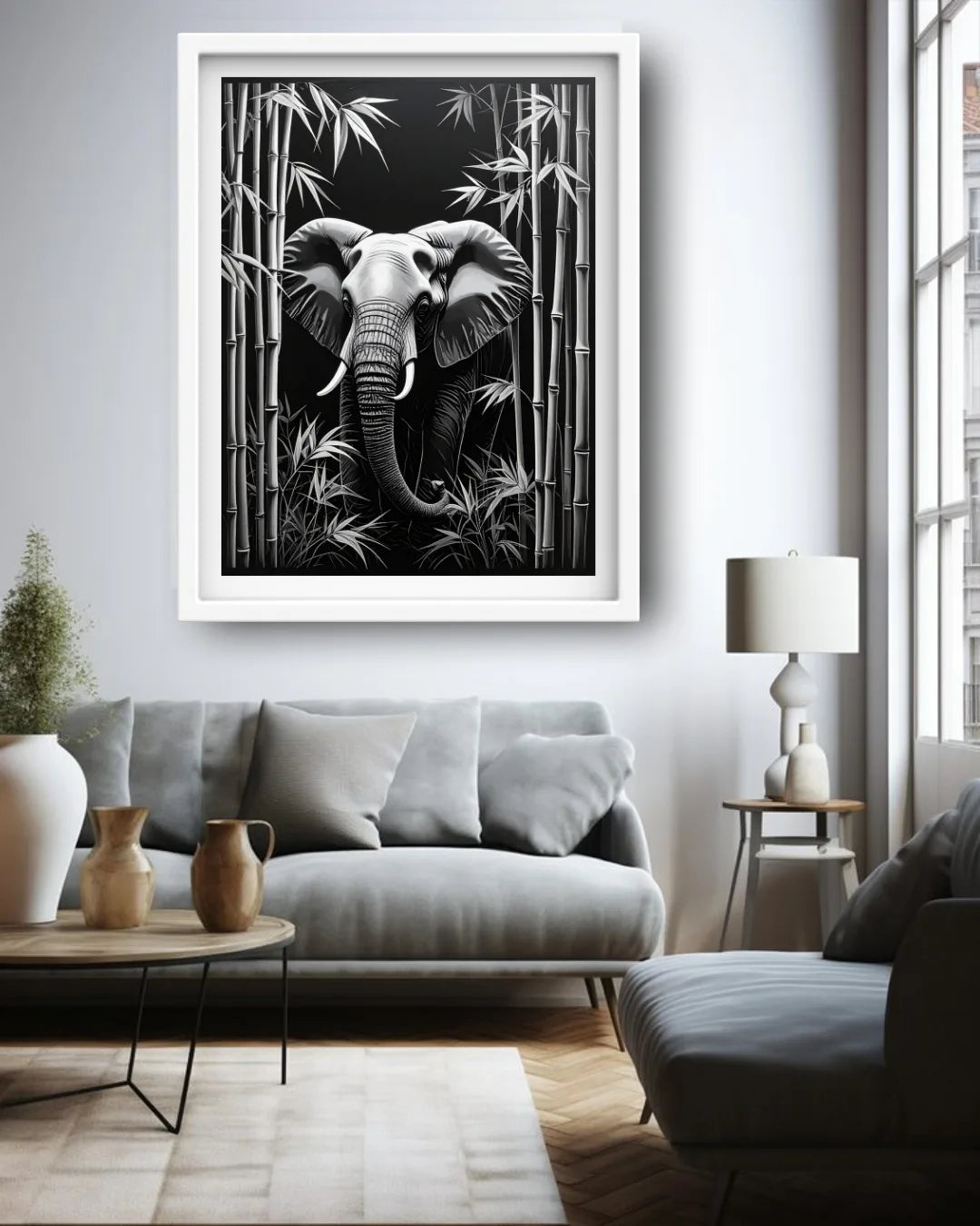 Black &amp; White Elephant in Bamboo – Wall Art Canvas