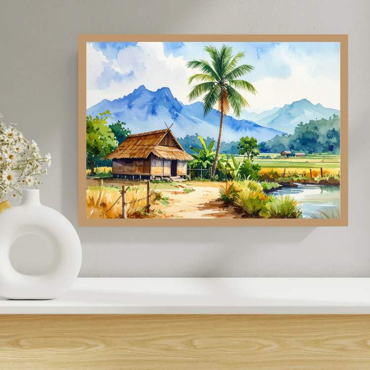 Beautiful Village Landscape Watercolor Painting – Wall Art Canvas WallArtVibes
