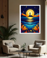 Colorful abstract artwork of a lighthouse on a wall in a living room.