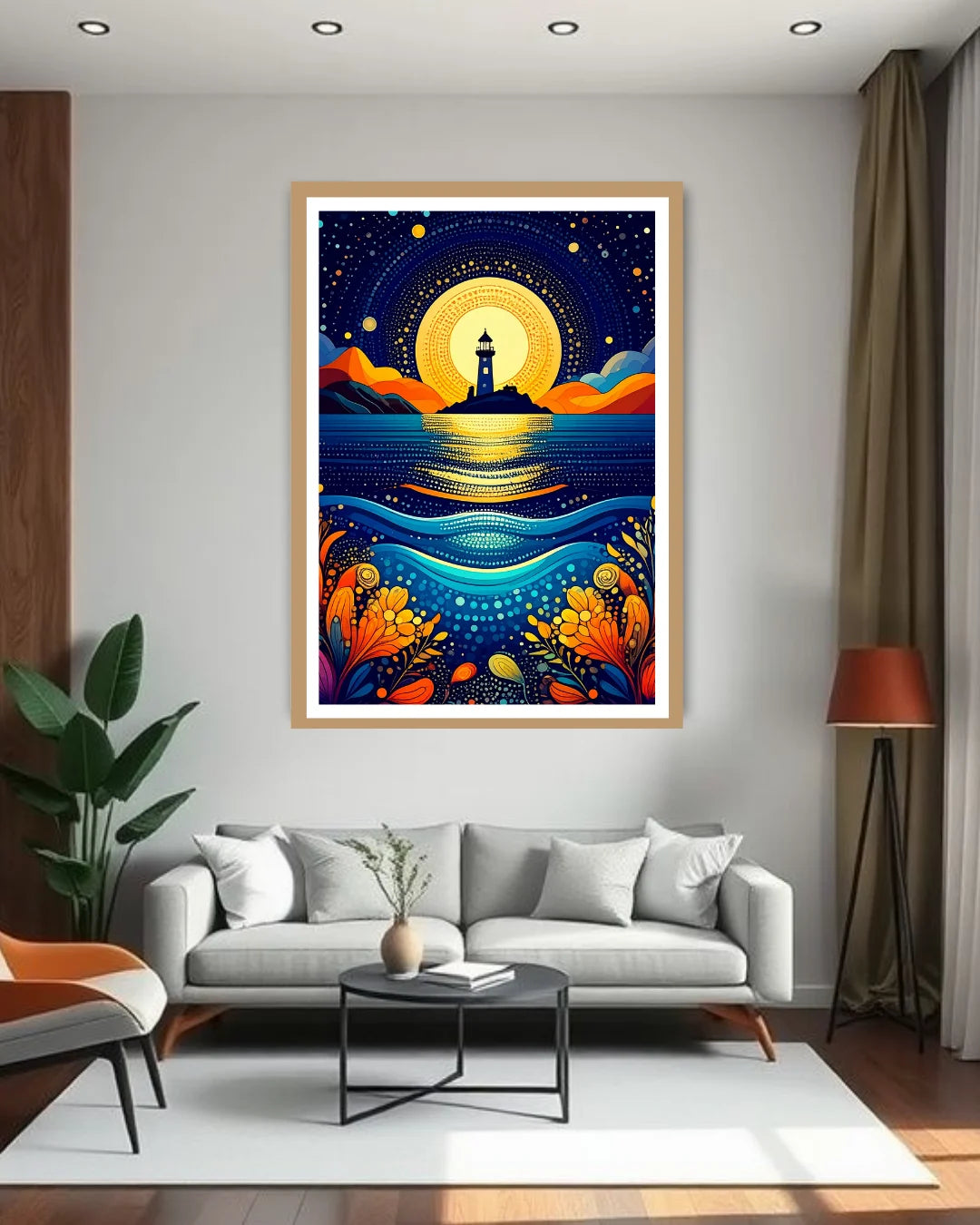 Framed artwork of a lighthouse at night hanging above a living room sofa.