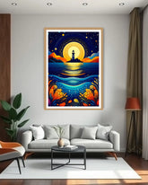 Framed artwork of a lighthouse at night hanging above a living room sofa.
