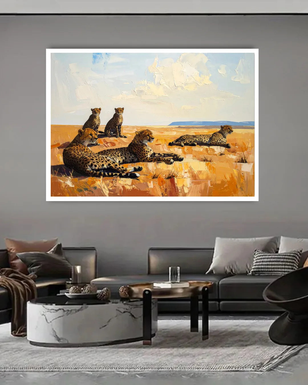Living room with a painting of leopards on a wall