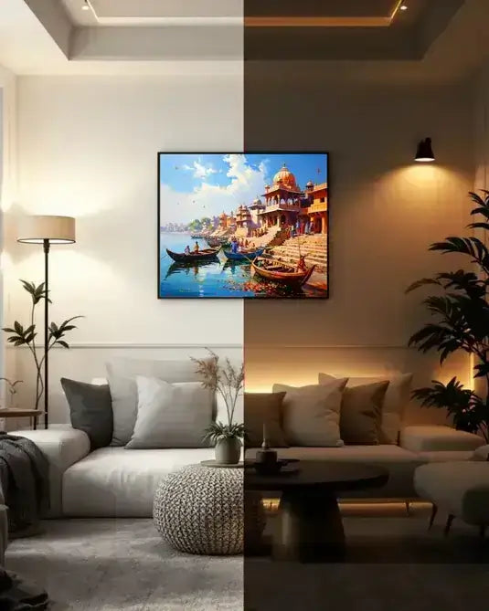 Indian ghat with boats canvas wall art
