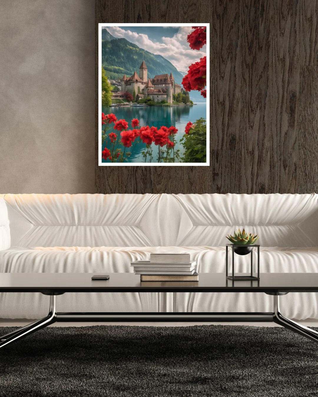 Scenic mountain village wall art framed print for home decoration
