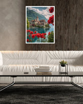 Scenic mountain village wall art framed print for home decoration
