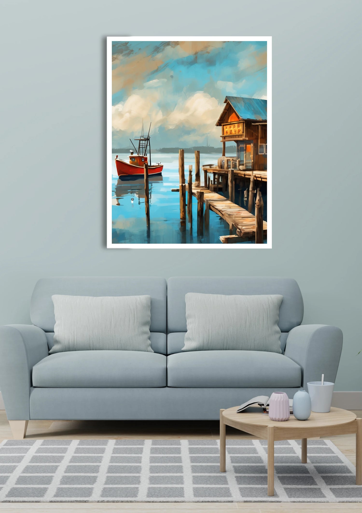 Scenic wooden boat wall art canvas displayed above sofa in modern living room
