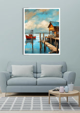 Scenic wooden boat wall art canvas displayed above sofa in modern living room
