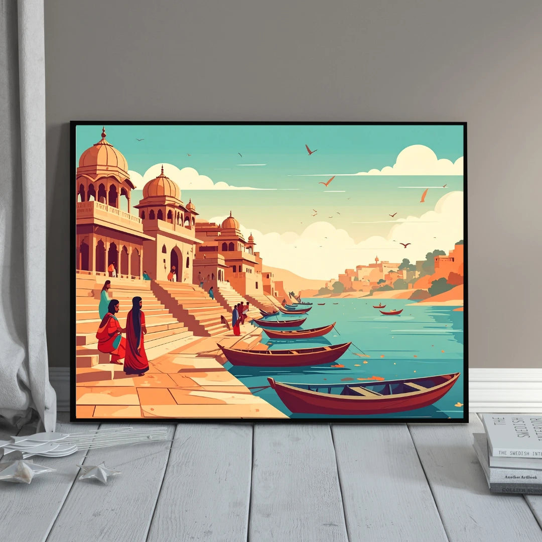Traditional Indian riverside canvas wall art painting
