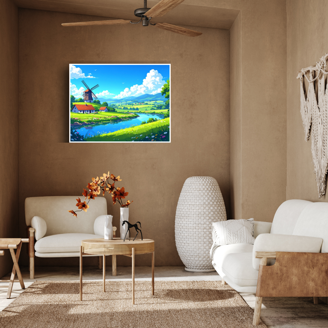 Countryside Windmill Landscape Art - Nature Canvas Painting