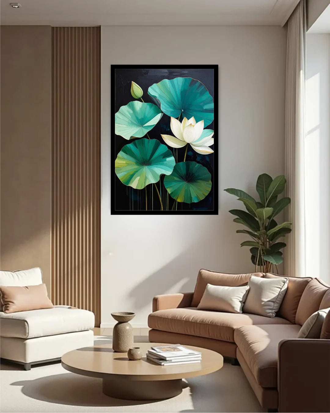 White Lotus with Teal Green Leaves – Wall Art Canvas