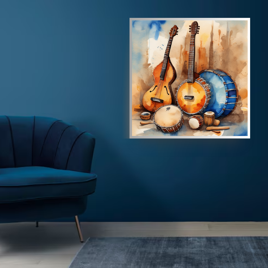Musical Instruments Still Life Art - Watercolor Canvas Painting