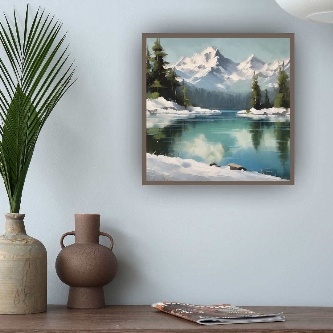 Winter Mountain Lake Canvas Art - Snow Forest Reflection Wall Art