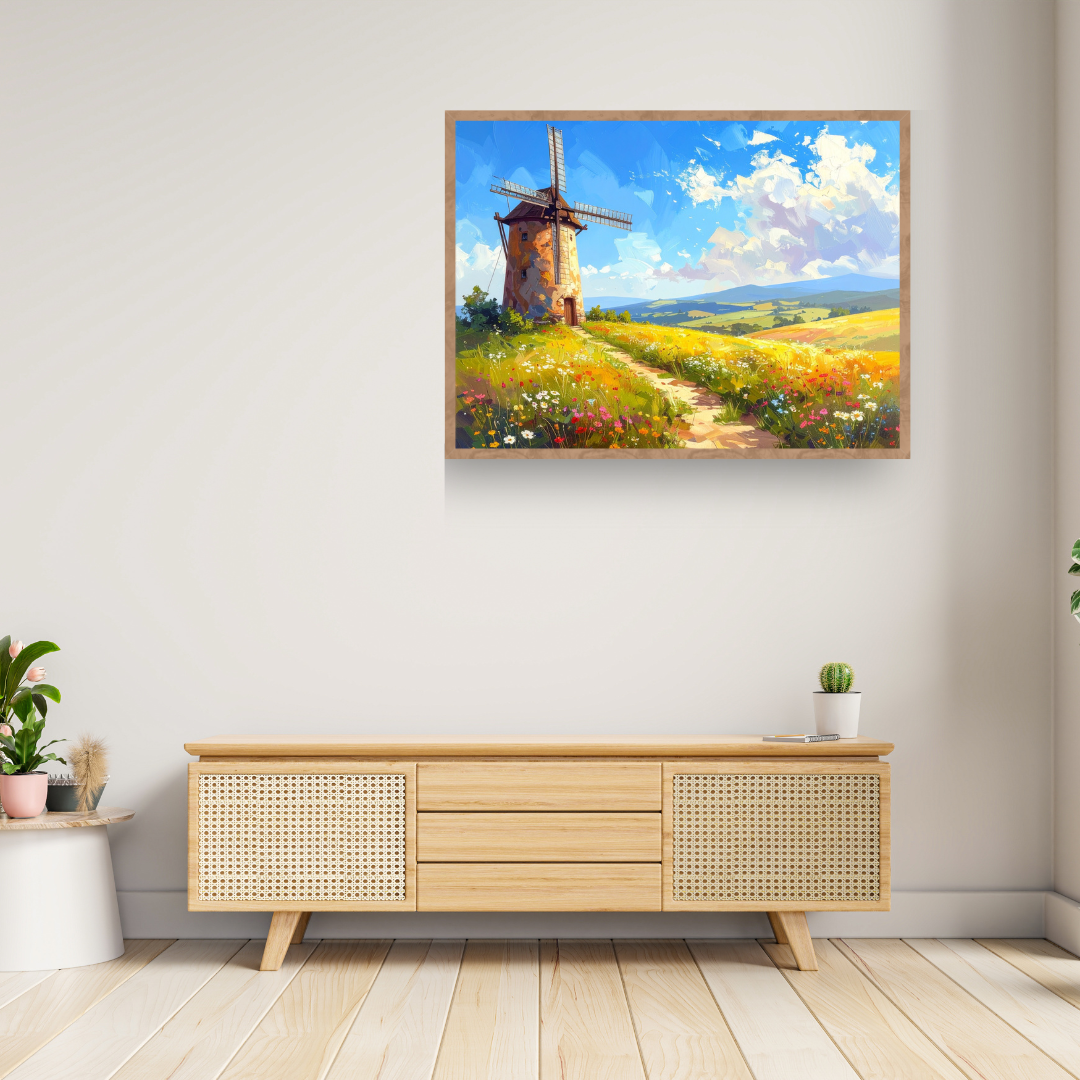 Flower Field Countryside Canvas - Dutch Windmill Wall Art
