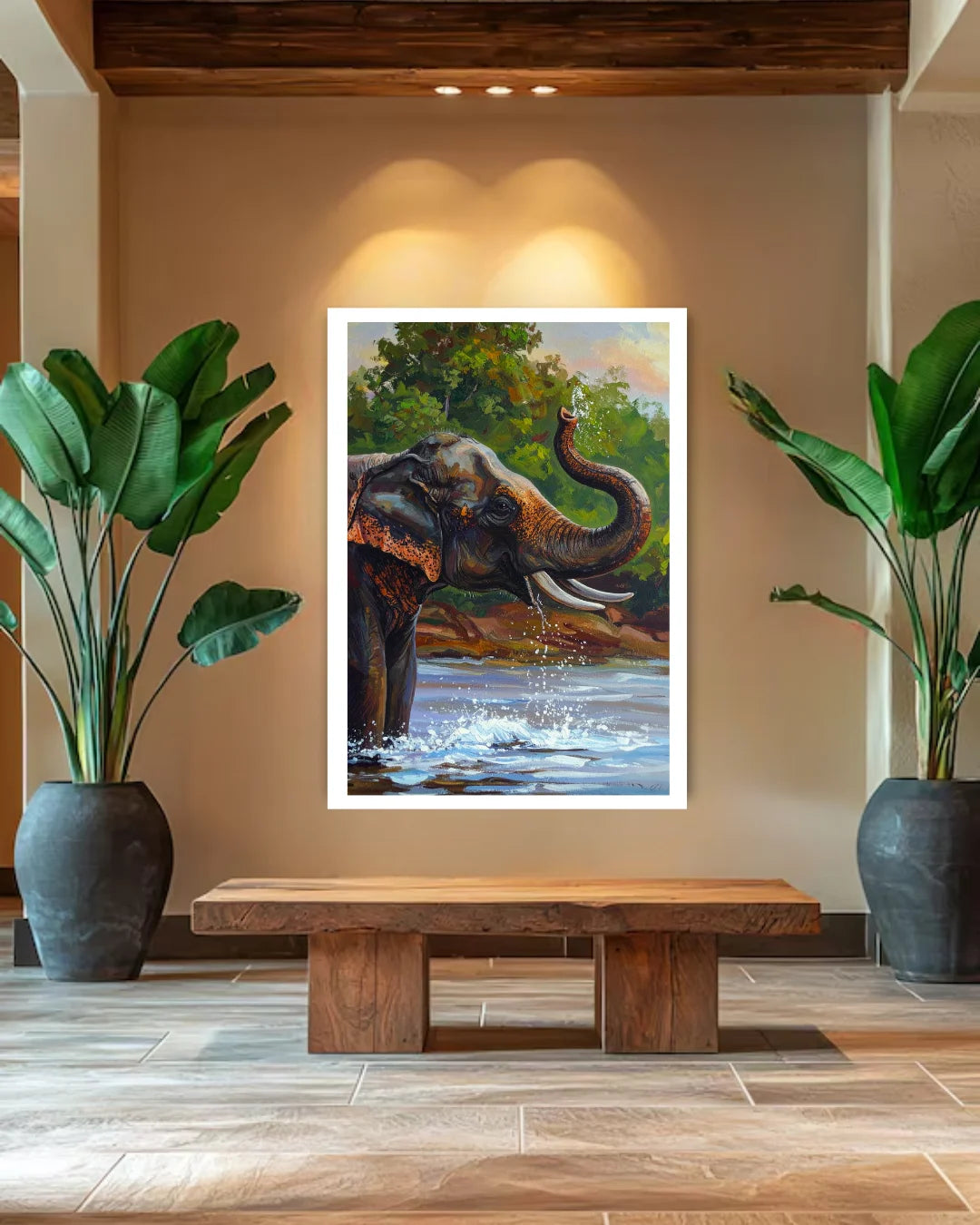 Framed painting of an elephant by a river in a room with plants and a wooden bench.