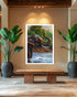 Framed painting of an elephant by a river in a room with plants and a wooden bench.