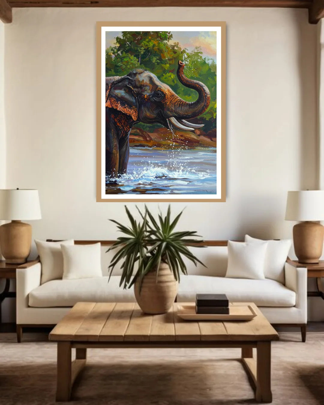 Living room with a large elephant painting on the wall, white sofa, wooden coffee table, and lamps.